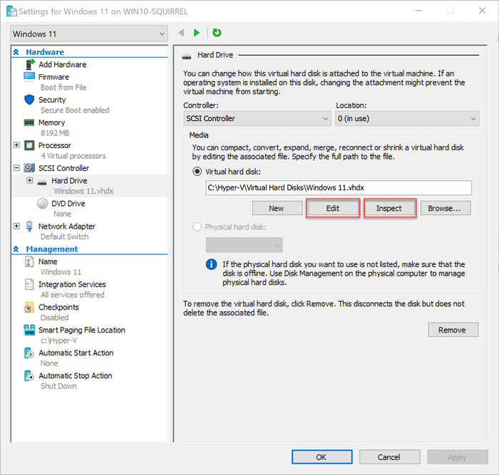 Hyper-V Manager VM Settings